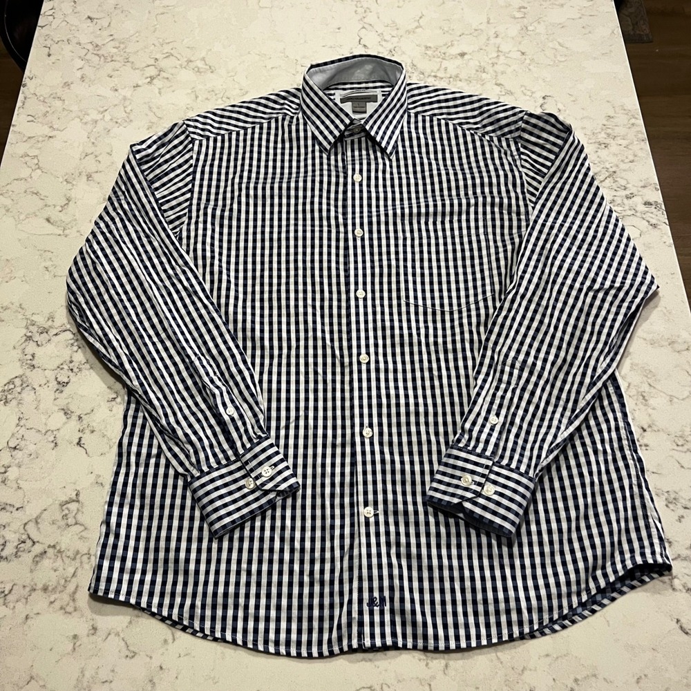 Johnston & Murphy Mens Long Sleeve Tailored Fit Dress Shirt Blue White Check L